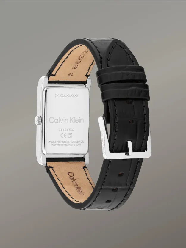 Black Rectangular Leather Strap Watch