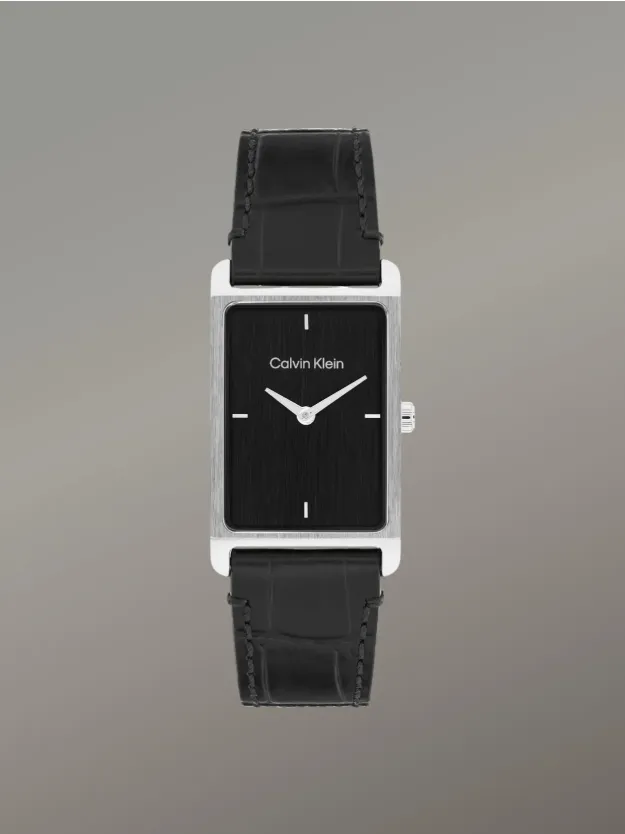 Black Rectangular Leather Strap Watch