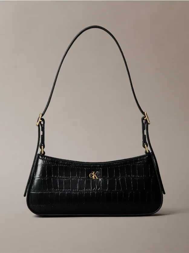 BLACK / ANTIQUE LIGHT GOLD Small Croc-Effect Shoulder Bag