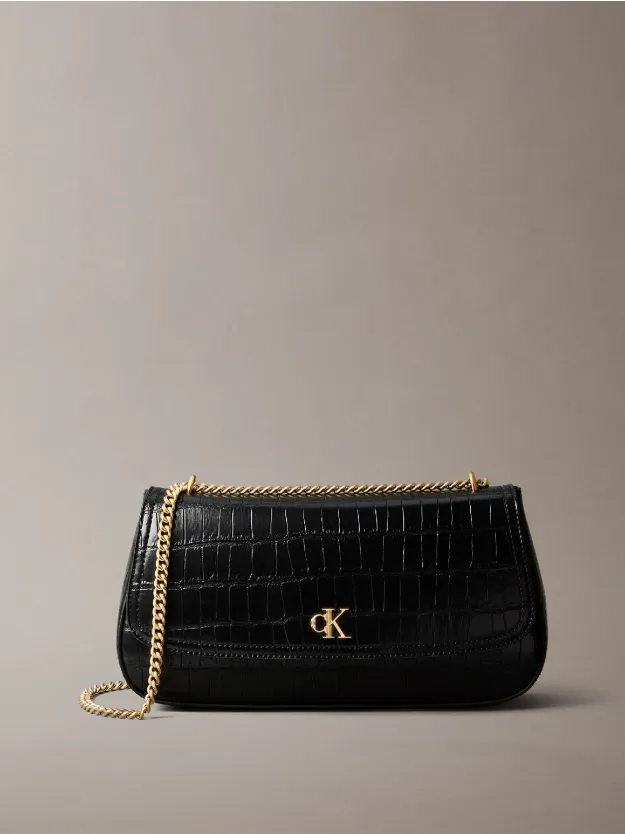 BLACK / ANTIQUE LIGHT GOLD Monogram Logo Hardware Chain Crocodile Print Shoulder Bag