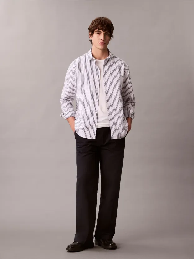 Brilliant White Double Stripe Cotton Relaxed Button-Down Shirt