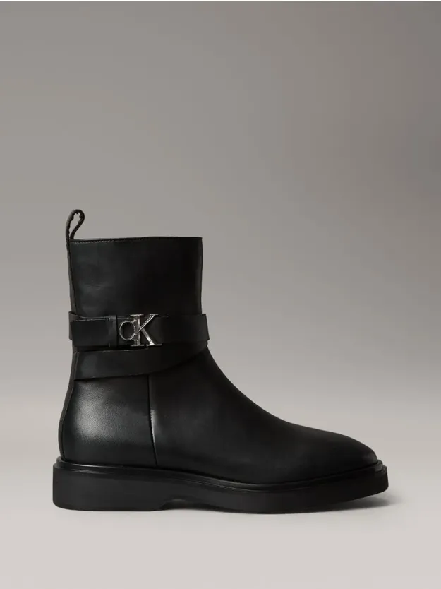 Ck Black Leather Signature Logo Ankle Boots