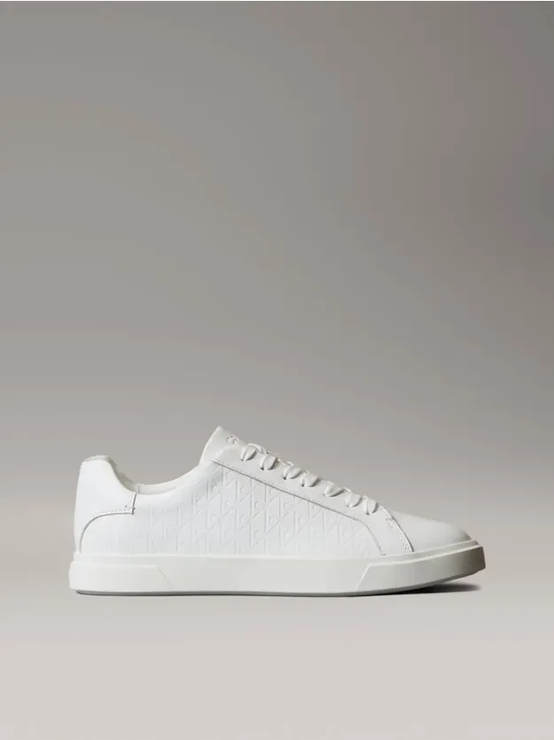 Bright White Leather Emblem Logo Pattern Trainers