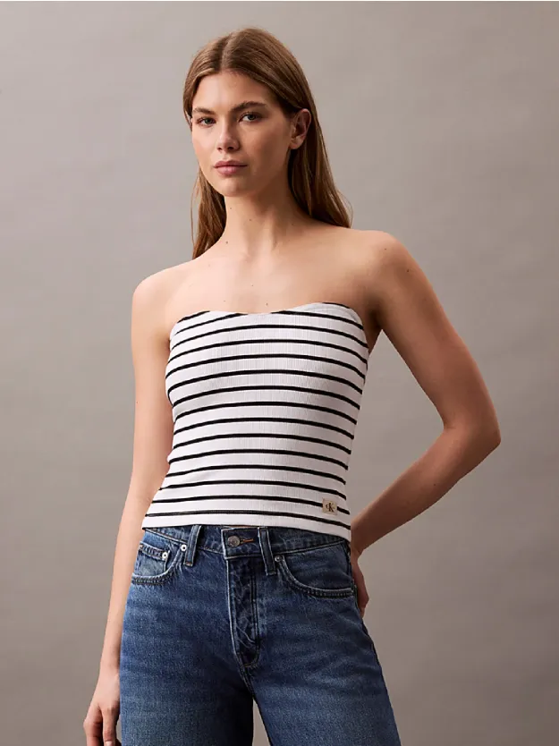 Brilliant White / Ck Black Stripe Ribbed Cotton Strapless Top