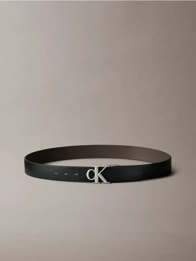 Black/CK Dark Brown/Antique Silver Reversibled Leather Logo Belt