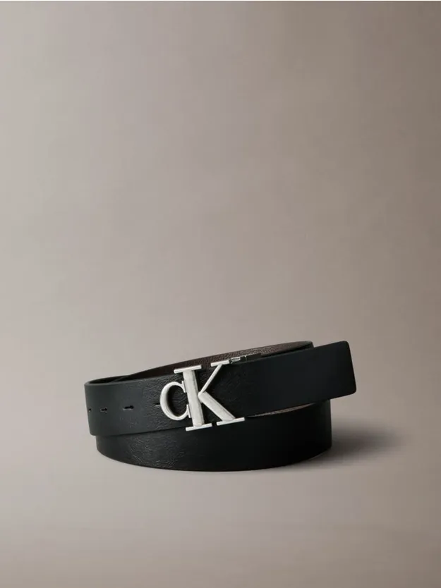 Black/CK Dark Brown/Antique Silver Reversibled Leather Logo Belt