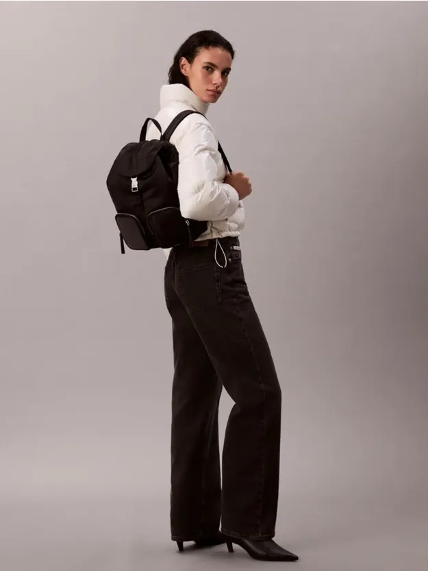 Black Soft Satin Nylon Flap Backpack