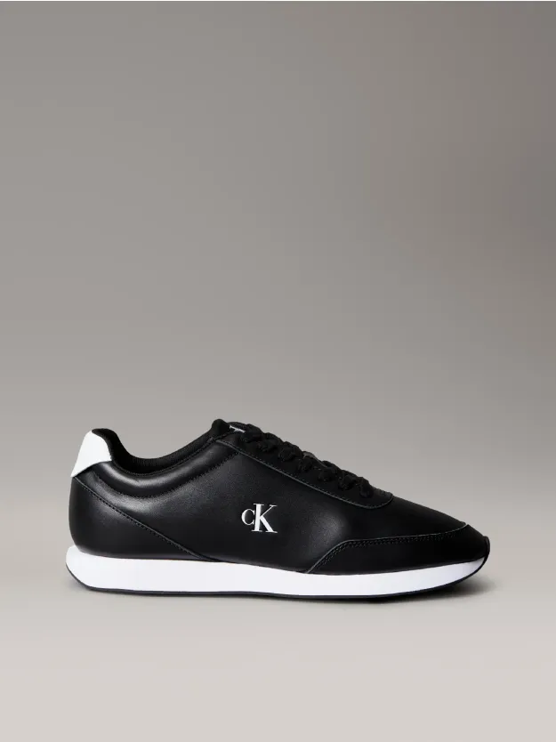 Black/Bright White Leather Signature Logo Runner Trainers