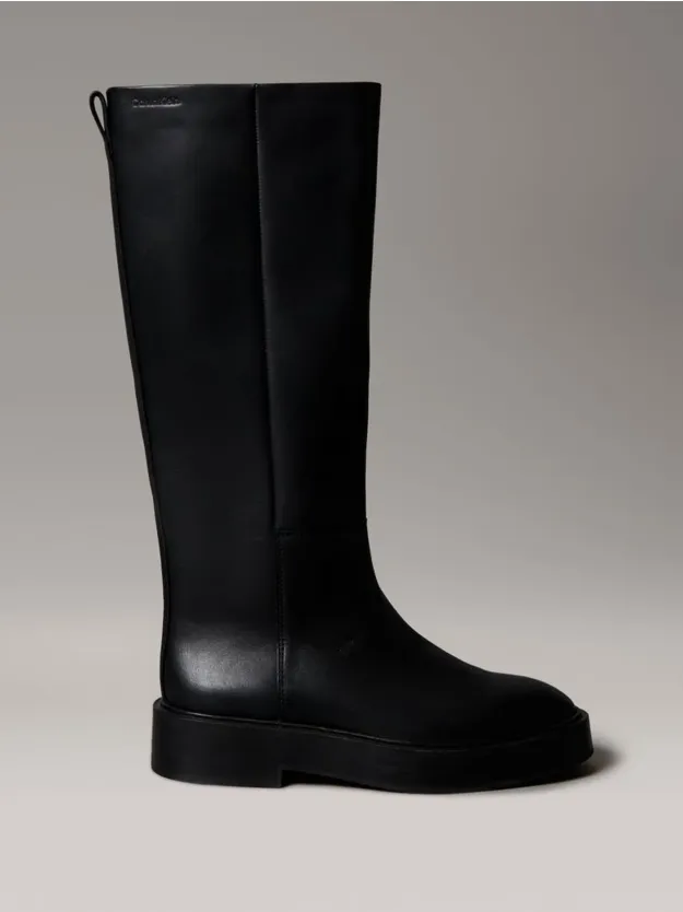PVH Black Leather Stacked Heel Knee Boots