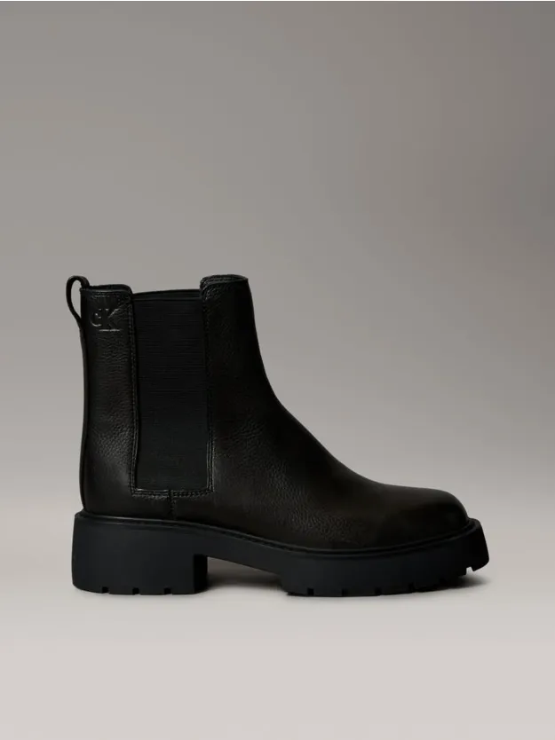 Black Leather Chunky Square Toe Chelsea Boots