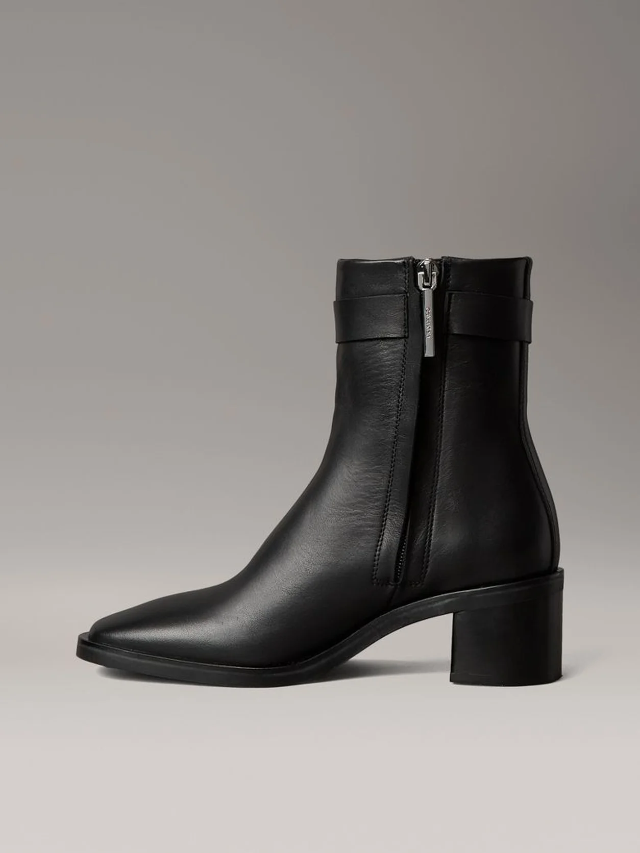Ck Black Leather Square Toe Zip Ankle Boots