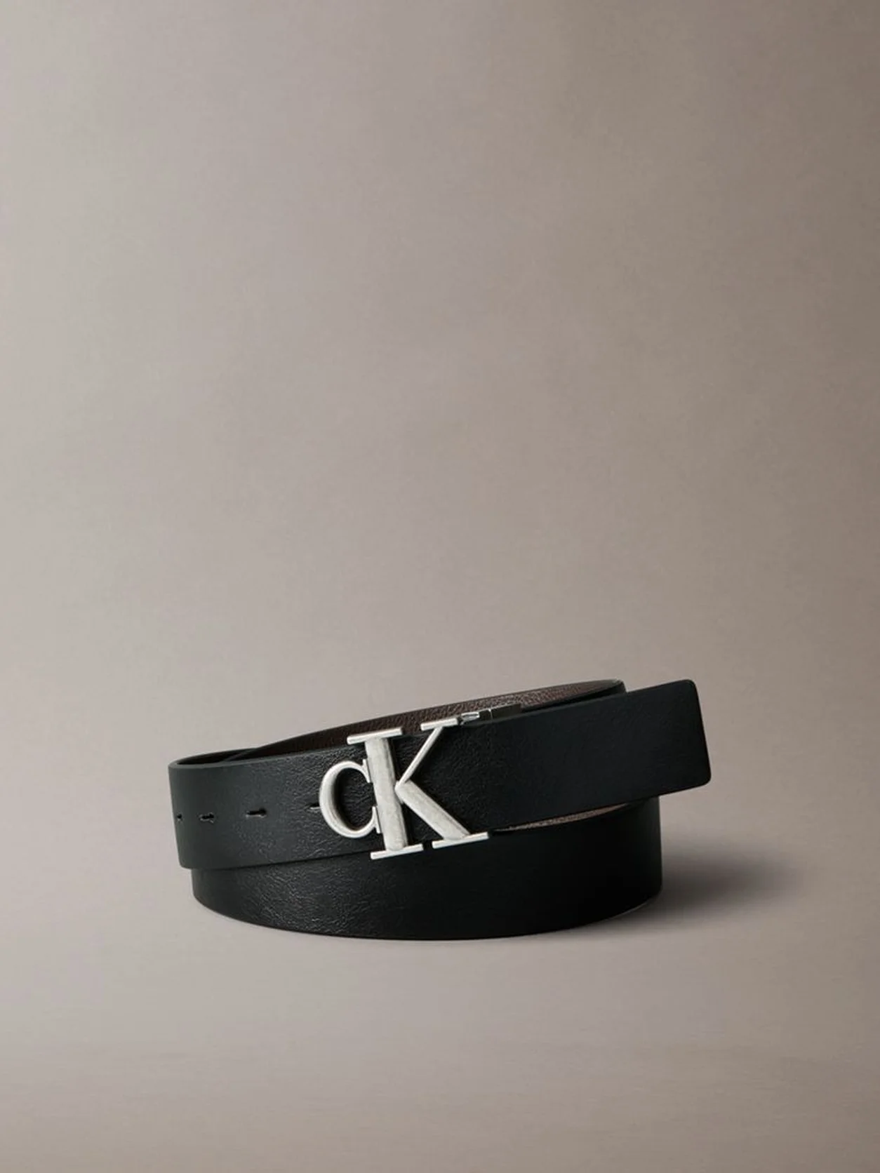 Black/CK Dark Brown/Antique Silver Reversibled Leather Logo Belt