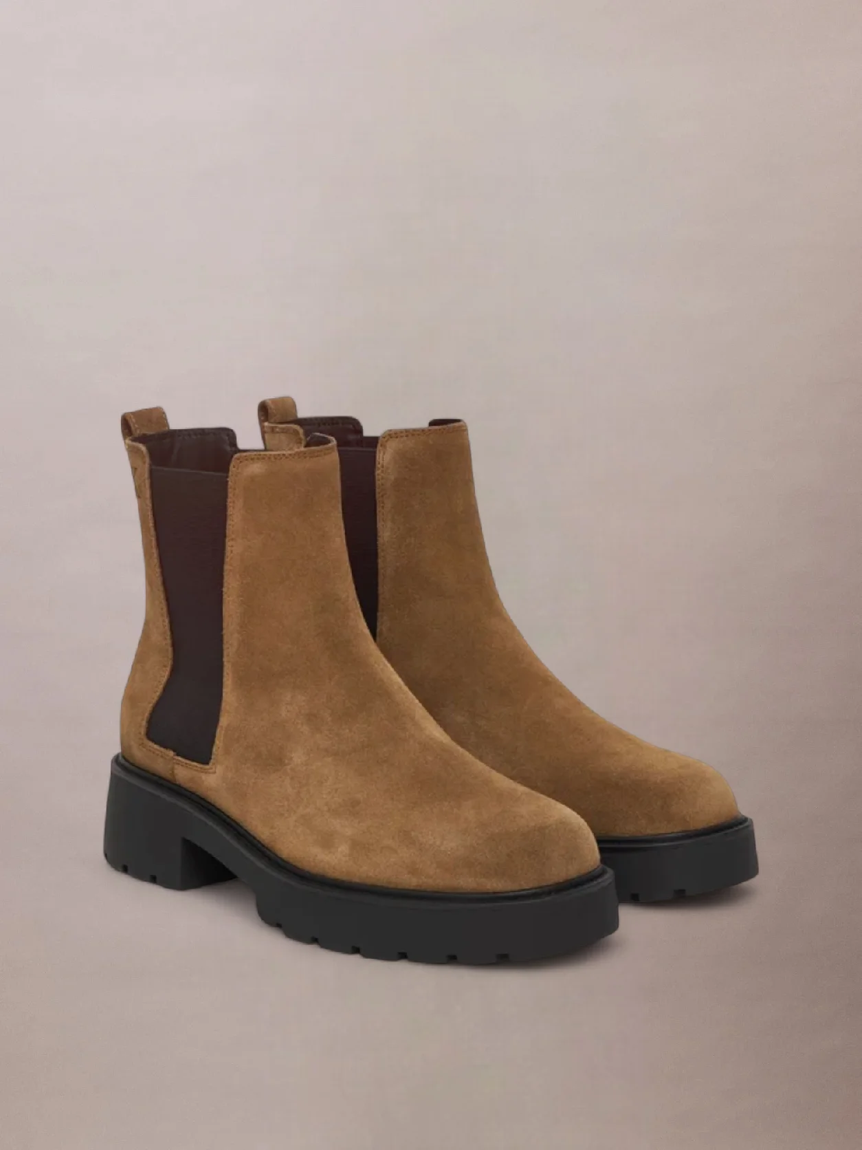 Classic Taupe Suede Chunky Square Toe Chelsea Boots